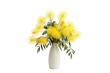 An elegant arrangement of mimosa flowers, featuring their rounded, pom-pom-like blooms and subtle green leaves, isolated with a clean white background.
