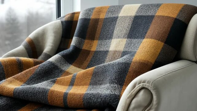 A plaid blanket draped over a cream armchair near a window