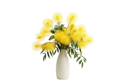 An elegant arrangement of mimosa flowers, featuring their rounded, pom-pom-like blooms and subtle green leaves, isolated with a clean white background.