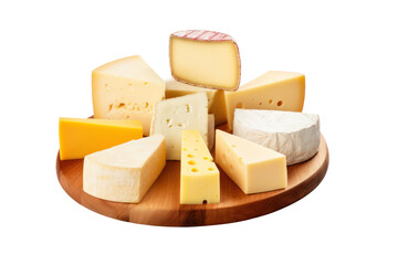 An assortment of cheese blocks arranged in a semicircle, highlighting their creamy and rich textures, isolated on a clean white background