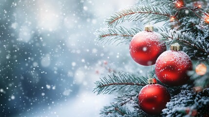 Snow-Covered Pine Branch with Red Christmas Ornaments