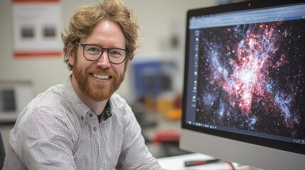 Smiling Scientist in Front of Cosmic Artwork