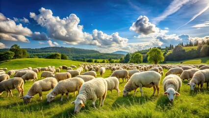Obraz premium Flock of sheep grazing peacefully in a lush green meadow under a clear blue sky during daytime