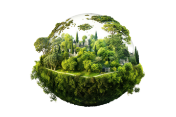 A vibrant Earth globe covered with lush green forests and trees, emphasizing environmental sustainability, isolated on white background