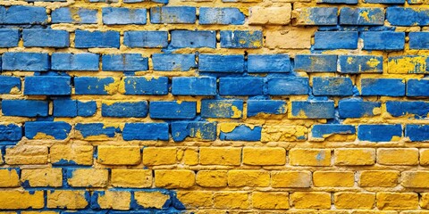 Fototapeta premium A weathered brick wall, painted in hues of vibrant yellow and deep blue, showcasing the passage of time and the resilience of structure.
