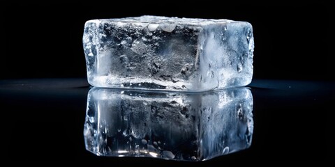A solitary, glistening ice cube reflects against a dark, smooth surface. It evokes a sense of purity and serenity, the frozen water a symbol of nature's subtle power.