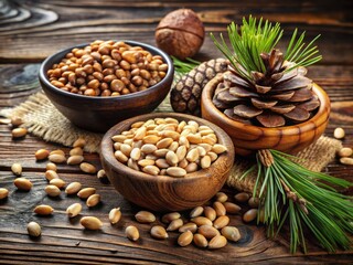 Obraz premium Freshly Harvested Pine Nuts with Shells and Opened Seeds on Rustic Wooden Background for Cooking