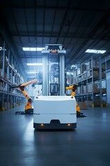 Naklejka premium Autonomous Robot transportation in warehouse.Automation with AGV and robotic arm in smart distribution warehouse.Technology innovation and industry concept. ｜ロボットの自律搬送。スマート物流倉庫。AGVとロボットアーム。