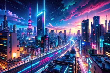 Fototapeta premium Futuristic cityscape with neon lights, advanced technology, and vibrant atmosphere in anime style