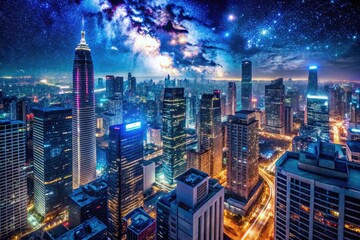 Obraz premium Futuristic Graphic Cityscape with Neon Lights and Skyscrapers Against a Starry Night Sky Background