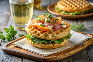 Gourmet sandwich bubble waffle topped with salmon, cheese, and herbs served with a refreshing drink