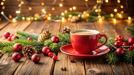A Festive Moment of Warmth and Cheer on a Wooden Table with a Red Mug of Coffee,  Pine Sprigs, and Twinkling Lights
