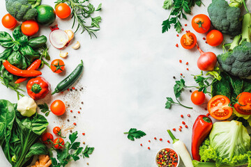 Layout of vegetables on a light background with space for text and design.
