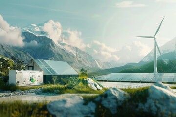 Concept of energy storage batteries system, wind power, wind turbines and Li-ion battery container, and solar panels in the background. Panoramic view with copy space