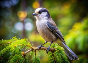 Fototapeta premium Grey Jay Bird Perched on a Branch in a Canadian Forest Surrounded by Lush Greenery and Trees