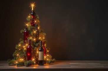 Christmas tree made of wine bottles, decorated with garland lights, on a dark wooden background, copy space