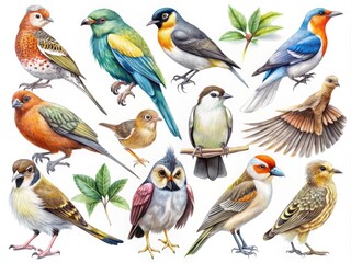 Hand-drawn bird sketches featuring various species in a natural, artistic style for illustration use