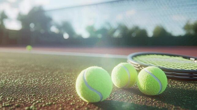 Tennis balls and racket in tennis field video footage for sport advertisement, campaign.