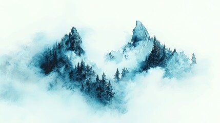 Mystic Winter Landscape, a hand-drawn watercolor illustration depicting a serene coniferous forest shrouded in clouds and fog, evoking a tranquil, cold atmosphere.