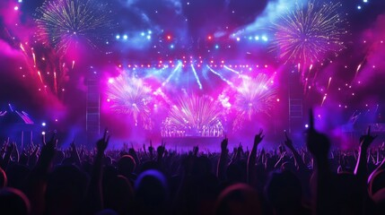 Crowd Silhouettes Against a Purple and Blue Fireworks Display