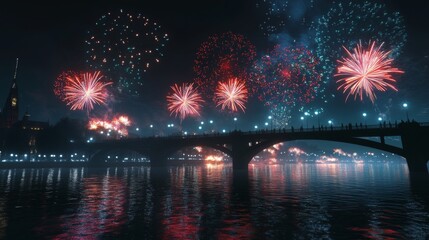 Fireworks Display Over Bridge and River at Night