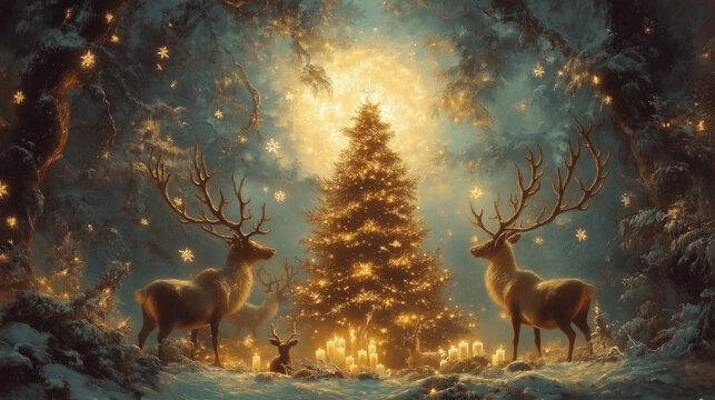 Caspar David Fredrich's painting depicting a scene of Christmas garland and candles. Three reindeer with big antlers under a big Christmas tree. A big Christmas tree with big veiling glares.