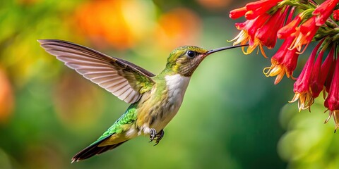 Fototapeta premium Hummingbird Hanging Upside Down While Feeding on Nectar from a Vibrant Flower in Nature's Habitat