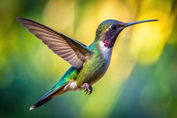 Fototapeta premium Hummingbird in Flight with Beak Open, Capturing the Intricacies of Nature and Feeding Behavior