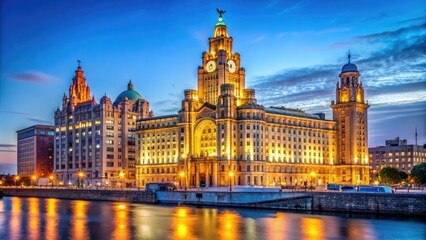 Fototapeta premium Iconic Liver Bird Building Against a Clear Blue Sky in Liverpool, England, Showcasing Architectural Beauty