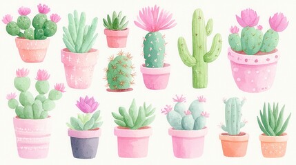 Vibrant Watercolor Cactus and Succulents, a colorful illustration showcasing diverse plant forms and textures, celebrating the beauty of desert flora in artistic expression.