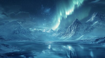 Fototapeta premium A Starry Night Sky Over a Frozen Lake and Mountain Range with the Aurora Borealis
