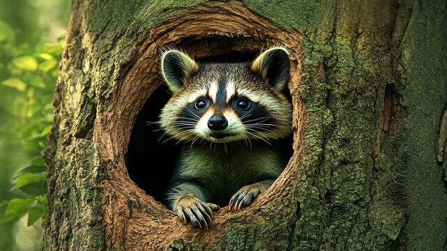 A raccoon peeks out of a tree hollow in the forest