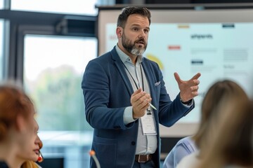 Confident businessman delivering a presentation consulting training persuading employees client group, mentor leader explain graph strategy at team meeting workshop