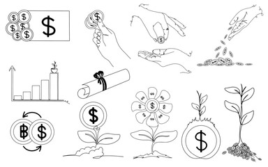 Hand Drawing line art of business and finance with growth of coin. Vector illustration