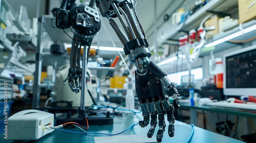 Poster robotic hand part of a larger robotic arm shown in a laboratory setting, highlighting the intricate 