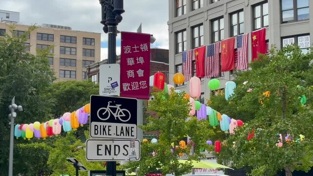 Boston Chinatown Celebrating Chinese National Day with Lanterns and Flags
