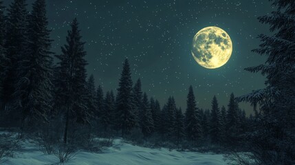 Full Moon Illuminating a Snowy Forest at Night