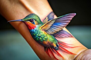 Fototapeta premium Intricate Wrist Hummingbird Tattoo Design Featuring Vibrant Colors and Elegant Details for Inspiration