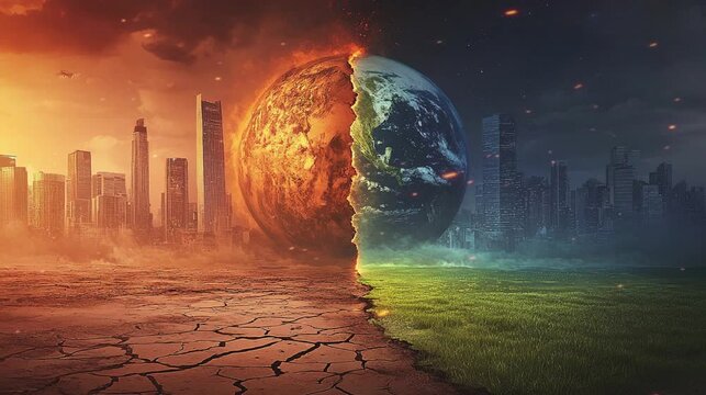 Surrealistic concept of the Earth divided with two sides,  burning and global warming effect also great environment of Earth. Video footage for environment campaign, climate change, Earth Day.