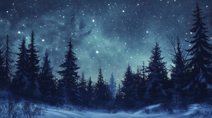 Silhouetted Pine Trees Against a Starry Night Sky