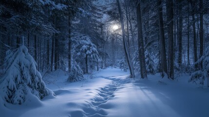 Naklejka premium Snow-covered path winding through a moonlit forest