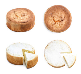 Delicious vanilla sponge cake isolated on white, collage
