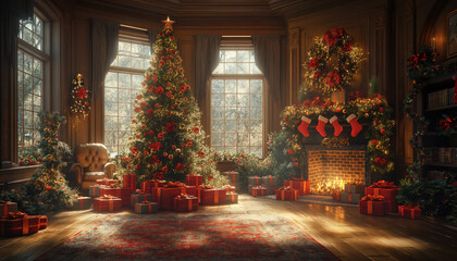 living room background with cozy Christmas decoration