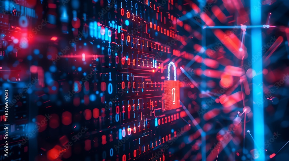 Poster digital illustration depicting the concept of cybersecurity with a red padlock against a dark backgr