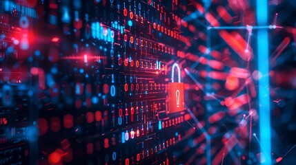Digital illustration depicting the concept of cybersecurity with a red padlock against a dark background with binary code and glowing lines.