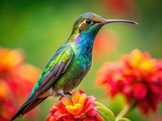 Obraz premium Long Billed Hummingbird perched on a vibrant flower, showcasing its unique beak and colorful plumage