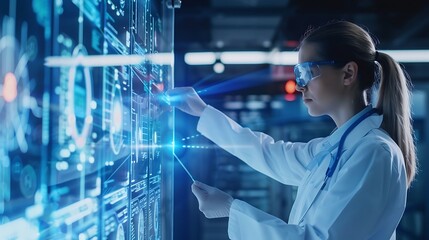 Female scientist in white lab coat with safety goggles interacts with digital interface for modern healthcare and scientific research innovation in advanced medical technology concept.