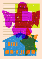 Risograph Halloween Ghost and House with geometric shapes. Objects in trendy riso graph print texture style design with geometry elements.