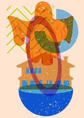 Naklejka premium Risograph Halloween Ghost and House with geometric shapes. Objects in trendy riso graph print texture style design with geometry elements.