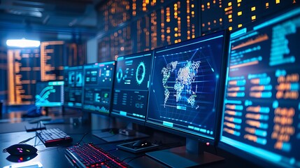 Room with multiple computer monitors displaying complex data visualizations, graphs, and a world map highlighting global network activity. 